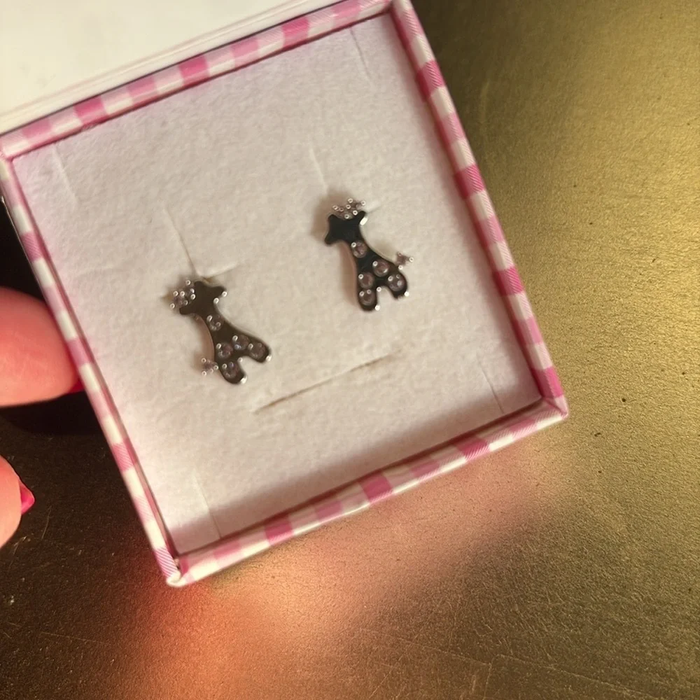 Silver toddler girls Giraffe Kids Earrings with pale pink crystals new in box
